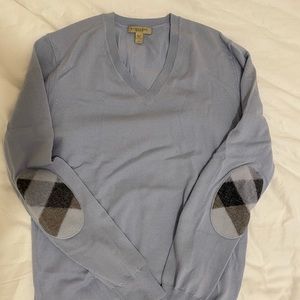Light Blue Burberry Brit Wool Sweater with Burberry Plaid Elbow Patches